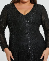 Black Long Sleeve V-Neck Beaded Fringe Gown